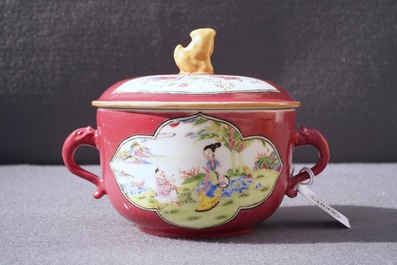 A Chinese famille rose ruby-ground two-handled bowl and cover, Yongzheng